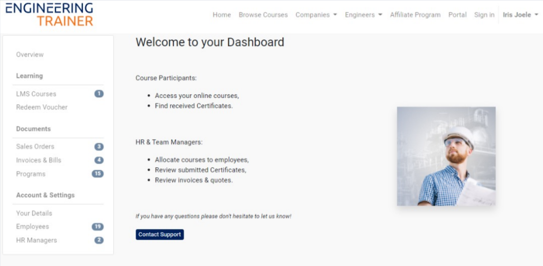 An image of the learning & development dashboard of EngineeringTrainer.